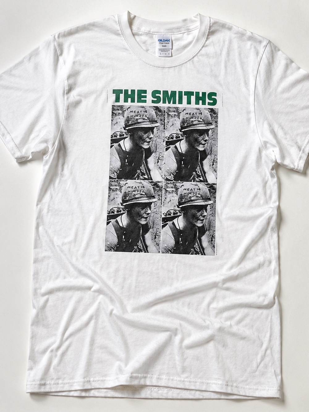 Gildan White Tee with Green THE SMITHS Logo and Black Photo Grid